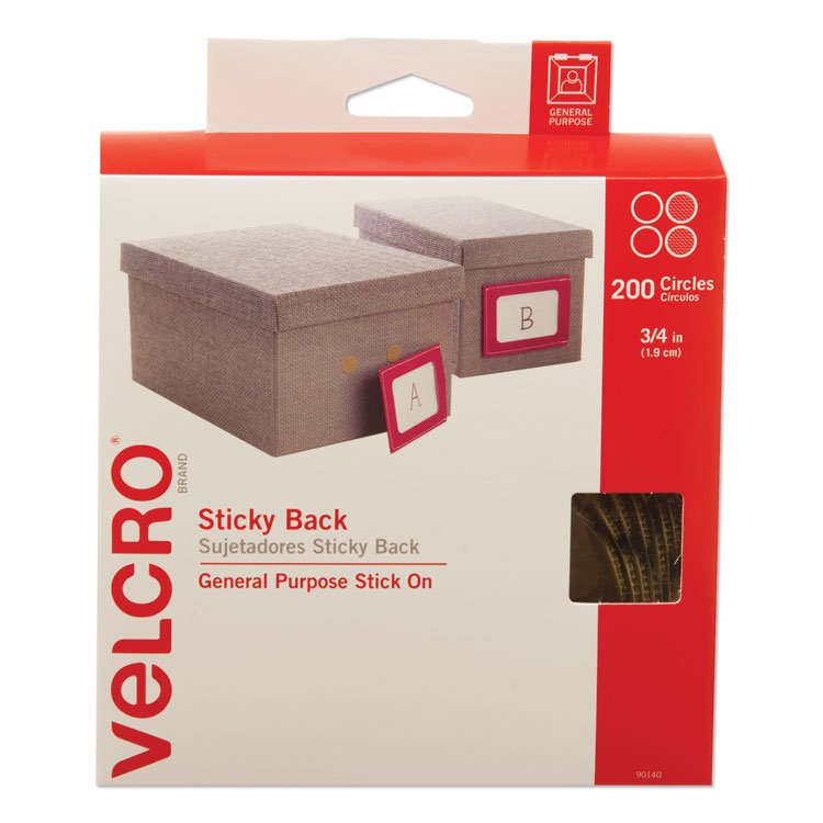 VELCRO Brand Sticky-Back Fasteners with Dispenser Box, Removable Adhesive, 0.75" dia, Beige, 200/Roll (VEK90140)