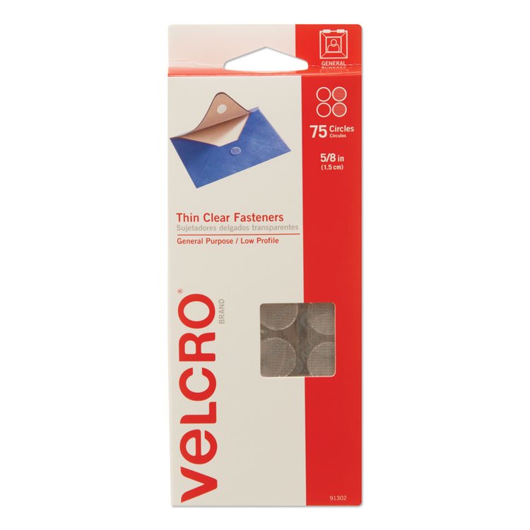 VELCRO Brand Sticky-Back Fasteners, Removable Adhesive, 0.63" dia, Clear, 75/Pack (VEK91302)