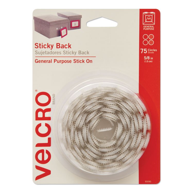 VELCRO Brand Sticky-Back Fasteners, Removable Adhesive, 0.63" dia, White, 75/Pack (VEK90090)
