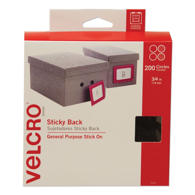 VELCRO Brand Sticky-Back Fasteners, Removable Adhesive, 0.75" dia, Black, 200/Box (VEK91823)