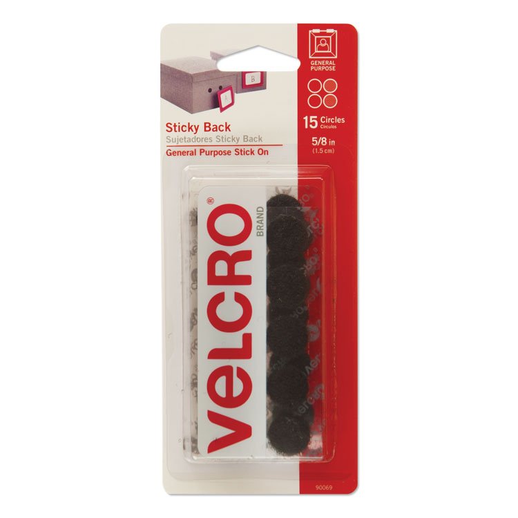 VELCRO Brand Sticky-Back Fasteners, Removable Adhesive, 0.63" dia, Black, 15/Pack (VEK90069)