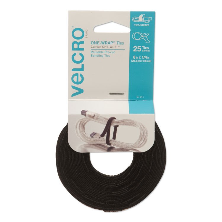 VELCRO Brand ONE-WRAP Pre-Cut Thin Ties, 0.25" x 8", Black, 25/Pack (VEK91141)