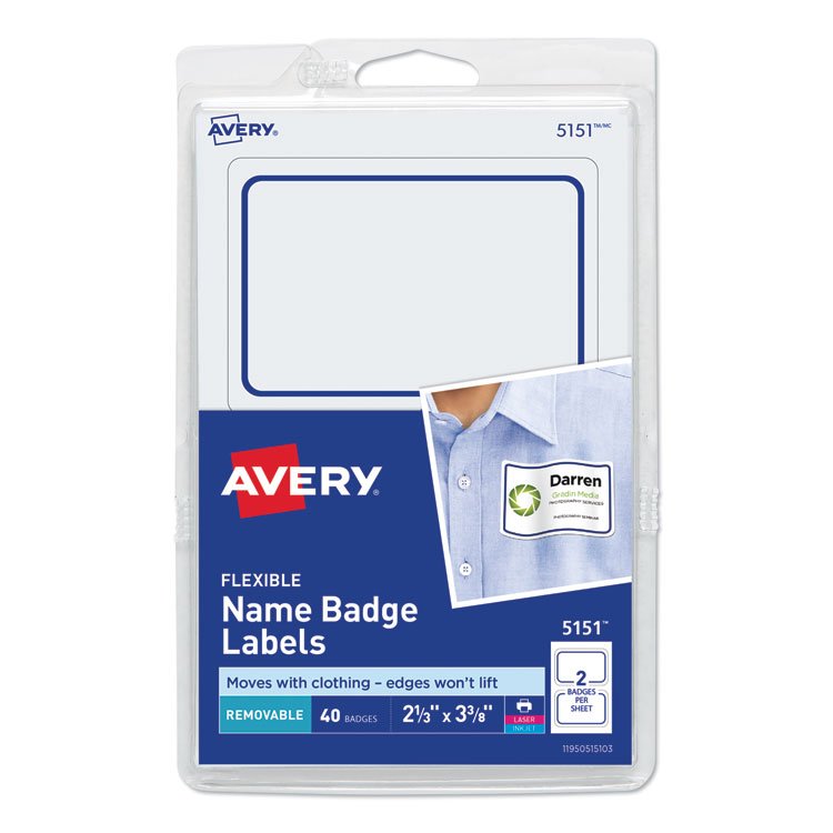 Avery Flexible Adhesive Name Badge Labels, 3.38 x 2.33, White/Blue Border, 40/Pack (AVE5151)