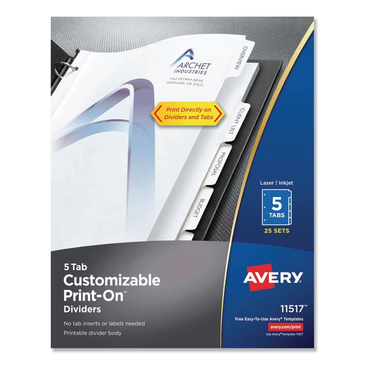 Avery Customizable Print-On Dividers, 3-Hole Punched, 5-Tab, 11 x 8.5, White, 25 Sets (AVE11517)