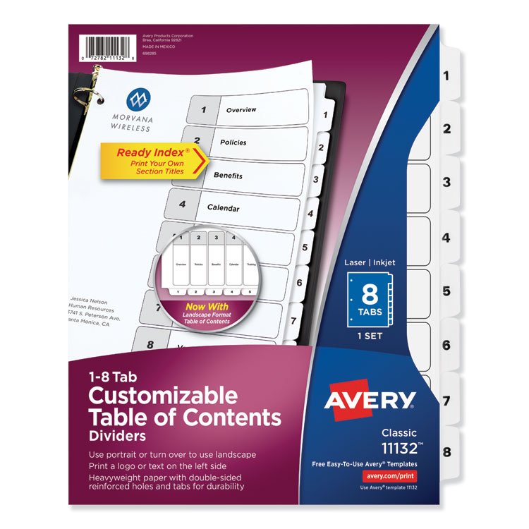 Avery Customizable TOC Ready Index Black and White Dividers, 8-Tab, 1 to 8, 11 x 8.5, 1 Set (AVE11132)