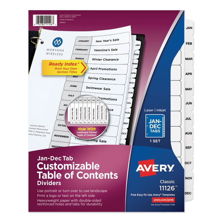 Avery Customizable TOC Ready Index Black and White Dividers, 12-Tab, Jan. to Dec., 11 x 8.5, 1 Set (AVE11126)