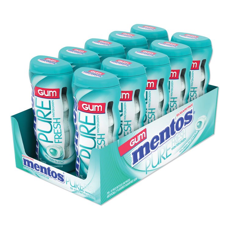 Mentos Pure Fresh Sugar-Free Gum, Wintergreen, 15 Pieces/Pack, 10 Packs/Box (MENVAM1463621)