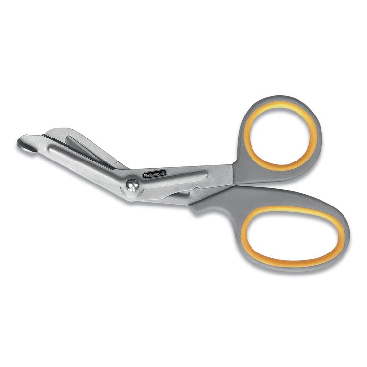 First Aid Only Titanium-Bonded Angled Medical Shears, 7" Long, 3" Cut Length, Crane-Style Gray/Yellow Handle (FAO90292)