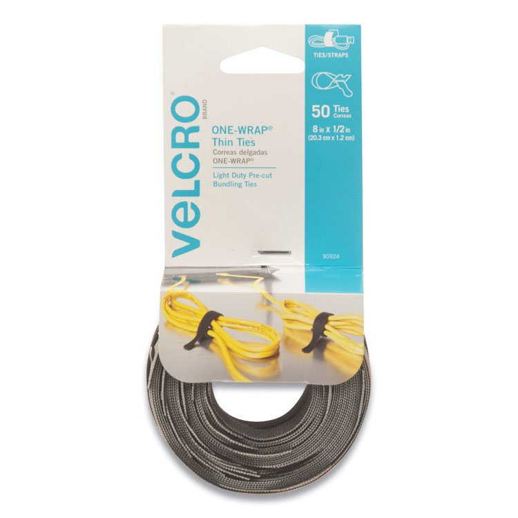 VELCRO Brand ONE-WRAP Pre-Cut Thin Ties, 0.5" x 8", Black/Gray, 50/Pack (VEK90924)