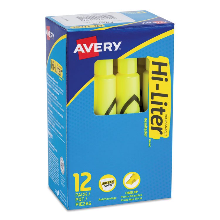 Avery HI-LITER Desk-Style Highlighters, Fluorescent Yellow Ink, Chisel Tip, Yellow/Black Barrel, Dozen (AVE24000)
