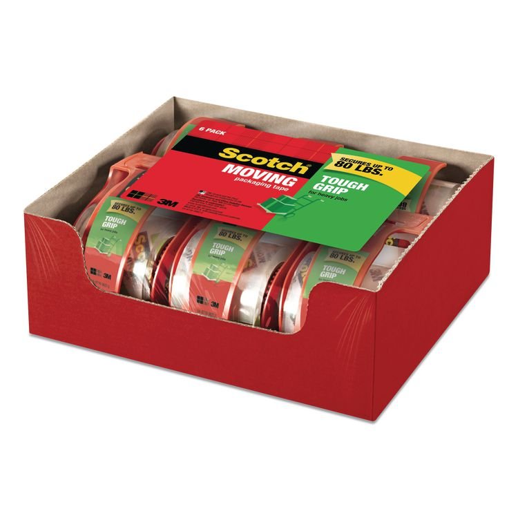 Scotch Tough Grip Moving Packaging Tape with Dispenser, 3" Core, 1.88" x 22.2 yds, Clear, 6/Pack (MMM1506)
