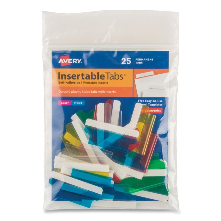 Avery Insertable Index Tabs with Printable Inserts, 1/5-Cut, Assorted Colors, 1.5" Wide, 25/Pack (AVE16228)
