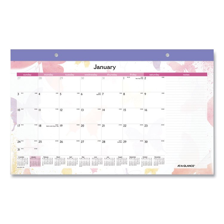 AT-A-GLANCE Watercolors Monthly Desk Pad Calendar, Butterfly Artwork, 17.75 x 11, White Sheets, Purple Binding, 12-Month (Jan-Dec): 2026 (AAGSK91705)