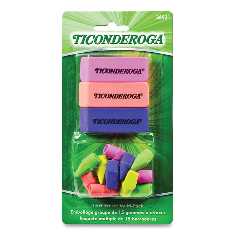 Ticonderoga Neon Eraser Multipack, For Pencil Marks, (12) End-Cap Erasers, (3) Block Erasers, Assorted Colors (DIX38931)