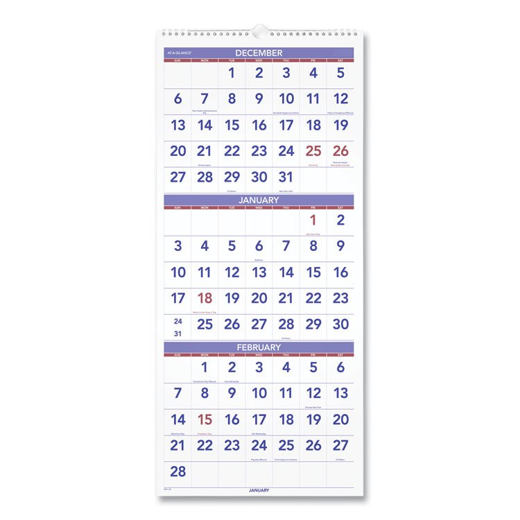 AT-A-GLANCE Deluxe Three-Month Reference Wall Calendar, Vertical Orientation, 12 x 27, White Sheets, 14-Month: Dec 2025 to Jan 2027 (AAGPM1128)