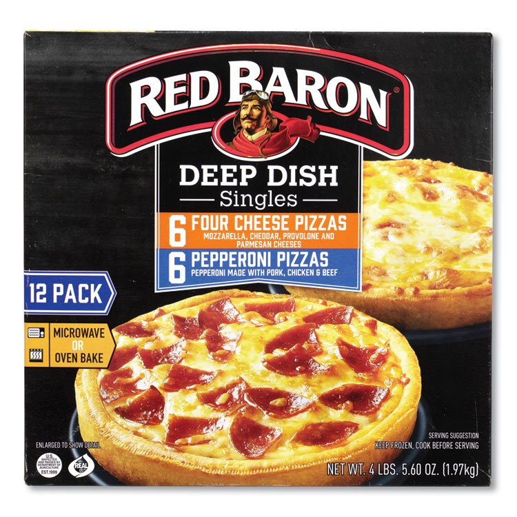 Red Baron Deep Dish Pizza Singles Variety Pack, Four Cheese/Pepperoni, 5.5 oz Pack, 12 Packs/Carton (GRR90300007)