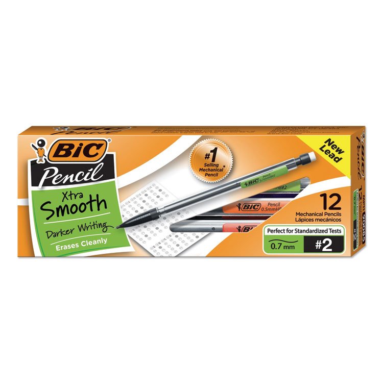 BIC Xtra Smooth Mechanical Pencils with Tube of Lead, 0.7 mm, HB (#2), Black Lead, Clear Barrel, Dozen (BICMP11)