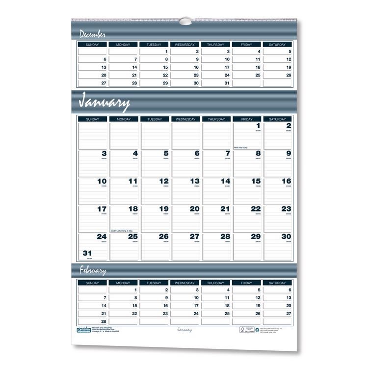 House of Doolittle Bar Harbor Recycled Wirebound 3-Months-per-Page Wall Calendar, 15.5 x 22, White/Blue/Gray, 14-Month: Dec 2025 to Jan 2027 (HOD343)