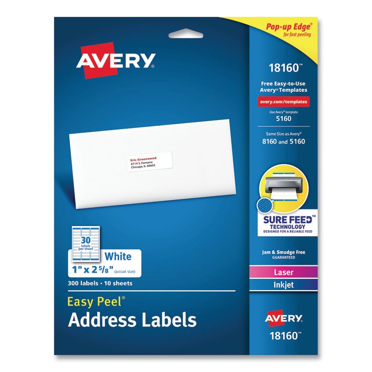 Avery Easy Peel White Address Labels with Sure Feed Technology, Inkjet Printers, 1 x 2.63, White, 30/Sheet, 10 Sheets/Pack (AVE18160)