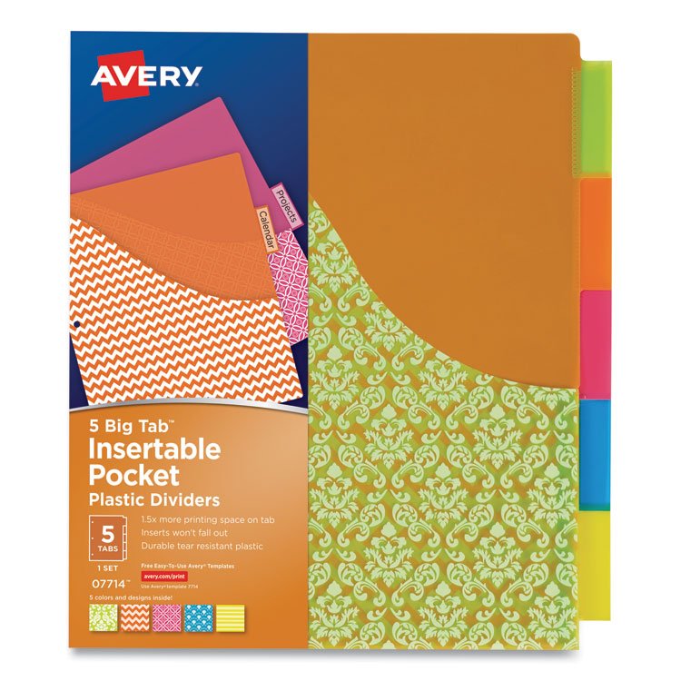 Avery Big Tab Insertable One-Pocket Plastic Dividers, 5-Tab, 11.13 x 9.25, Assorted, 1 Set (AVE07714)