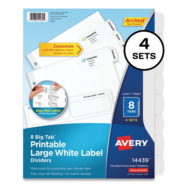 Avery Big Tab Printable Large White Label Tab Dividers, 8-Tab, 11 x 8.5, White, 4 Sets (AVE14439)