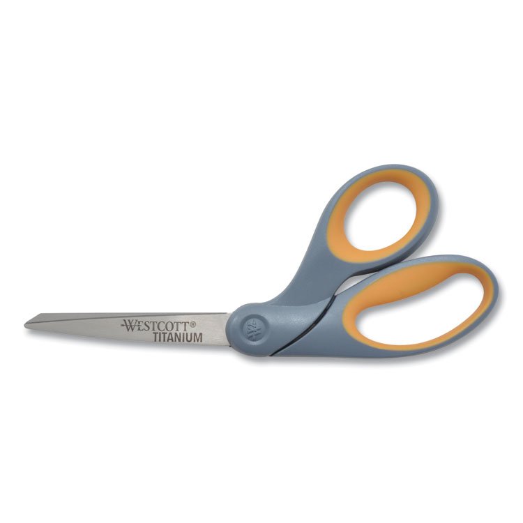 Westcott Titanium Bonded Scissors, 8" Long, 3.5" Cut Length, Crane-Style Gray/Yellow Handle (ACM13731)