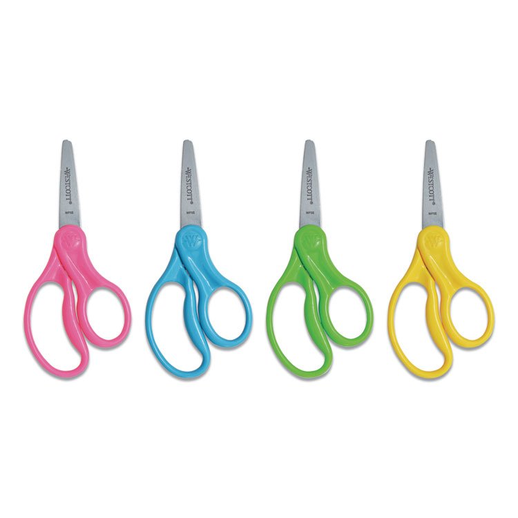 Westcott For Kids Scissors, Pointed Tip, 5" Long, 1.75" Cut Length, Straight Handle, Randomly Assorted Handle Color (ACM13131)