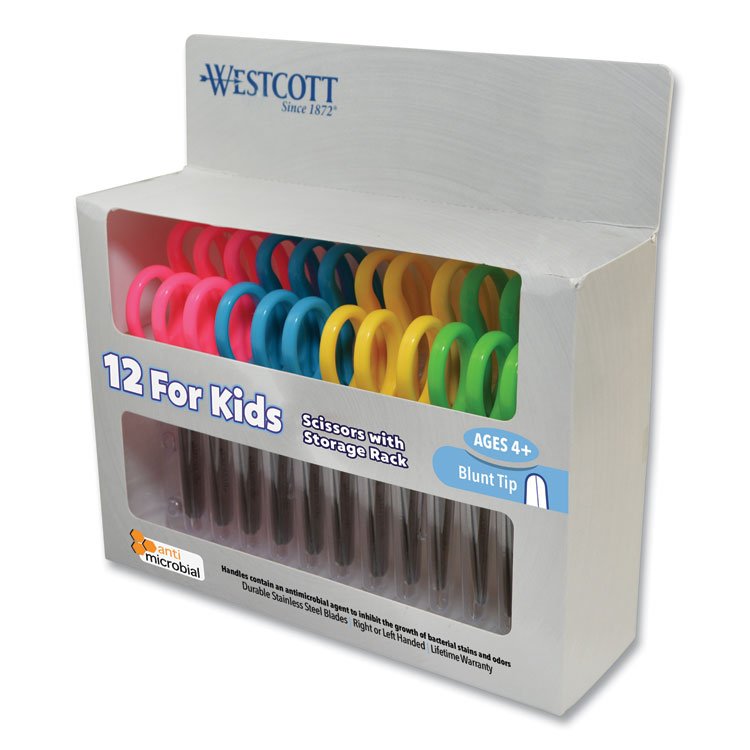 Westcott Kids' Scissors with Antimicrobial Protection, Rounded Tip, 5" Long, 2" Cut Length, Straight Assorted Color Handles, 12/Pack (ACM14871)