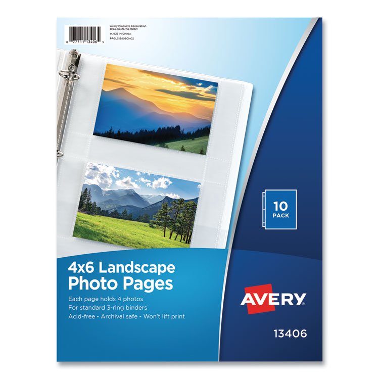 Avery Photo Storage Pages for Four 4 x 6 Horizontal Photos, 3-Hole Punched, 10/Pack (AVE13406)