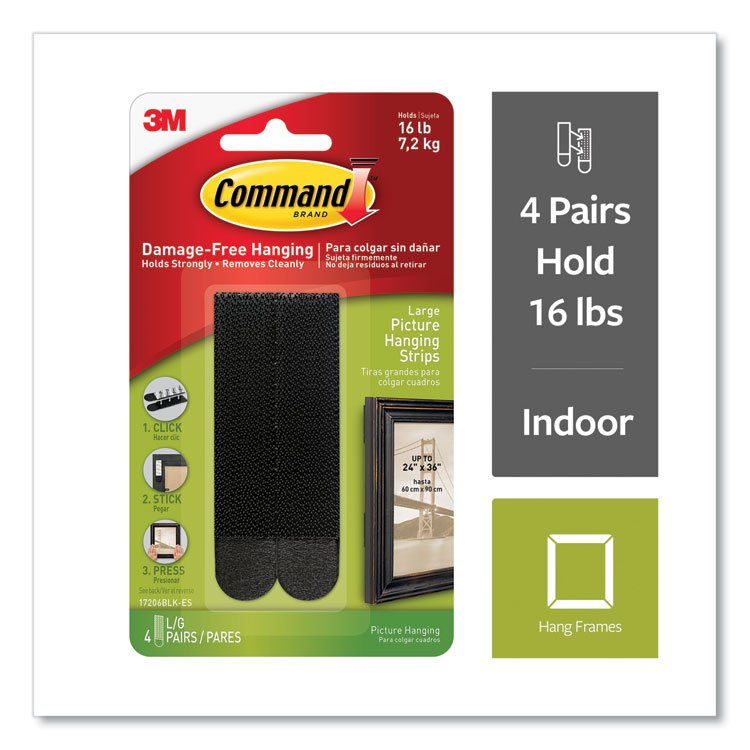 Command Picture Hanging Strips, Removable, Holds Up to 4 lbs per Pair, 0.75 x 3.65, Black, 4 Pairs/Pack (MMM17206BLK)