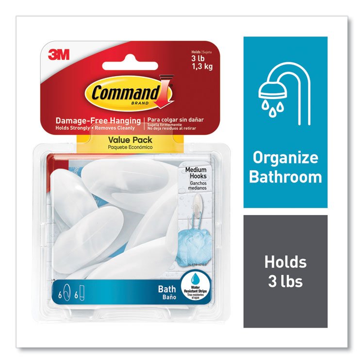 Command Medium Bath Hooks Value Pack, Plastic, White, 3 lb Capacity, 6 Hooks and 6 Strips (MMMBATH186ES)
