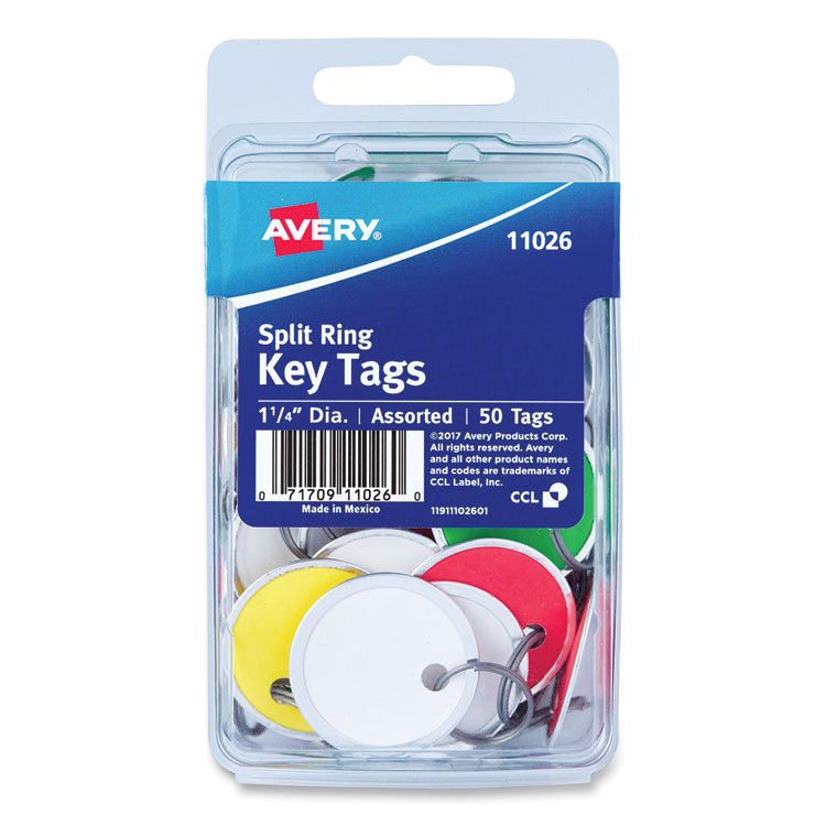 Avery Key Tags with Split Ring, 1.25" dia, Assorted Colors, 50/Pack (AVE11026)