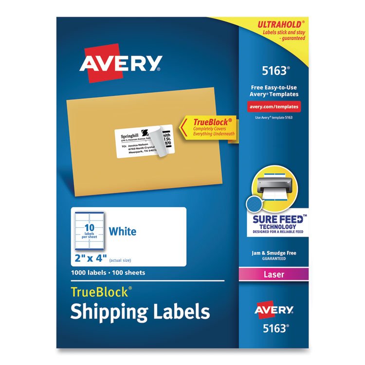 Avery Shipping Labels w/ TrueBlock Technology, Laser Printers, 2 x 4, White, 10/Sheet, 100 Sheets/Box (AVE5163)
