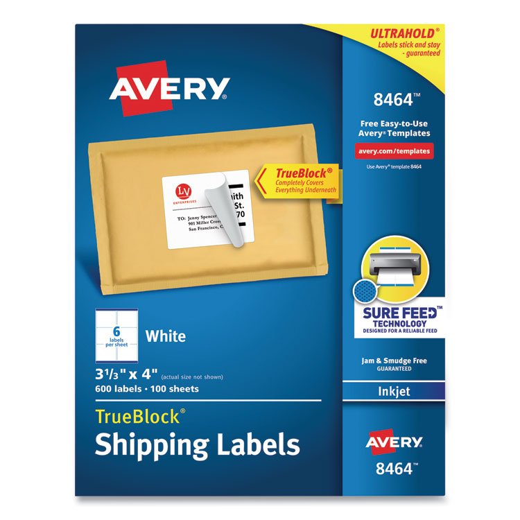Avery Shipping Labels w/ TrueBlock Technology, Inkjet Printers, 3.33 x 4, White, 6/Sheet, 100 Sheets/Box (AVE8464)