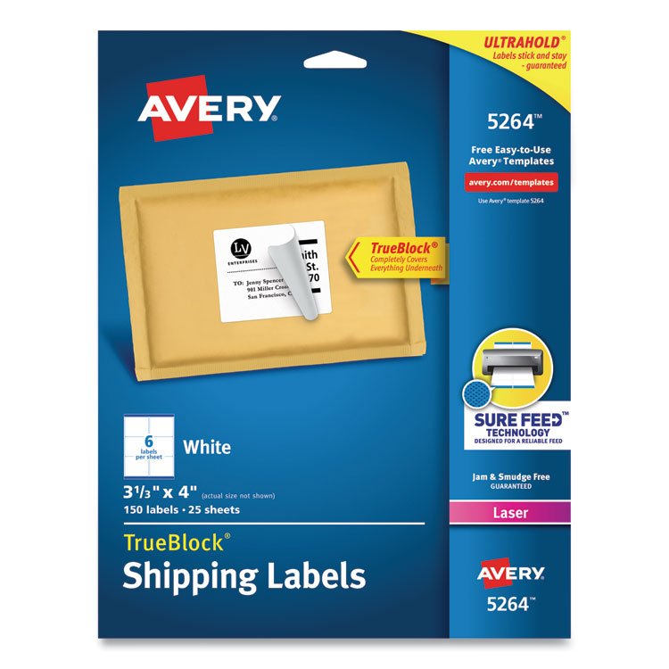 Avery Shipping Labels w/ TrueBlock Technology, Laser Printers, 3.33 x 4, White, 6/Sheet, 25 Sheets/Pack (AVE5264)