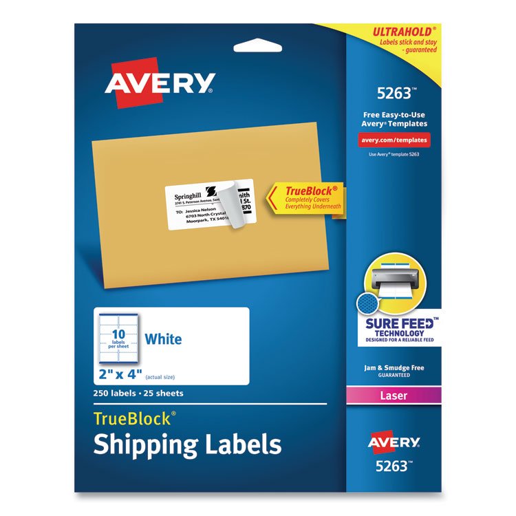Avery Shipping Labels w/ TrueBlock Technology, Laser Printers, 2 x 4, White, 10/Sheet, 25 Sheets/Pack (AVE5263)
