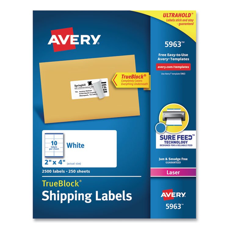 Avery Shipping Labels w/ TrueBlock Technology, Laser Printers, 2 x 4, White, 10/Sheet, 250 Sheets/Box (AVE5963)