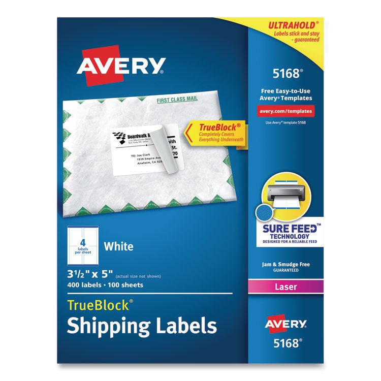 Avery Shipping Labels w/ TrueBlock Technology, Laser Printers, 3.5 x 5, White, 4/Sheet, 100 Sheets/Box (AVE5168)