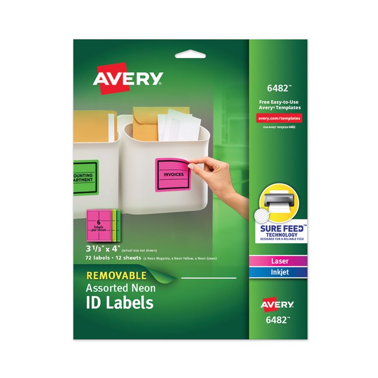 Avery High-Vis Removable Laser/Inkjet ID Labels w/ Sure Feed, 3.33 x 4, Neon, 72/PK (AVE6482)