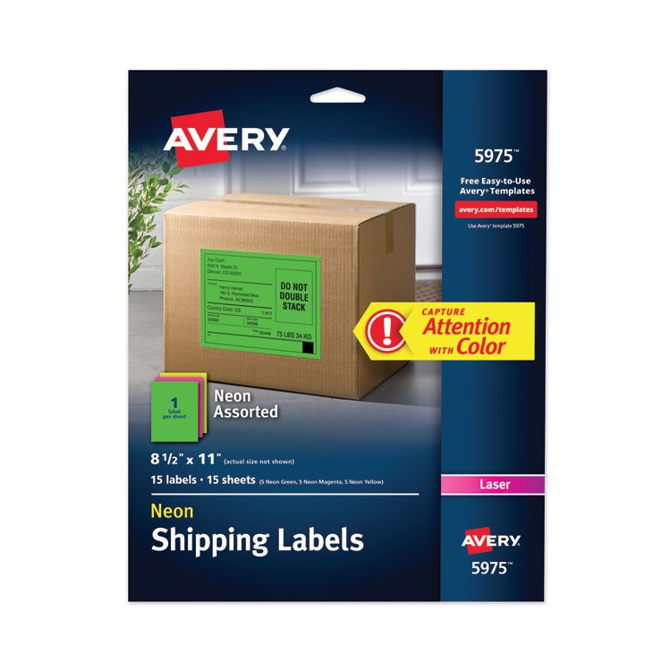 Avery High-Visibility Permanent Laser ID Labels, 8.5 x 11, Asst. Neon, 15/Pack (AVE5975)