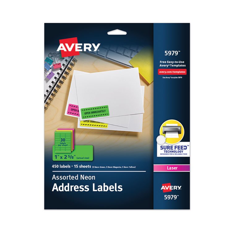 Avery High-Visibility Permanent Laser ID Labels, 1 x 2.63, Asst. Neon, 450/Pack (AVE5979)