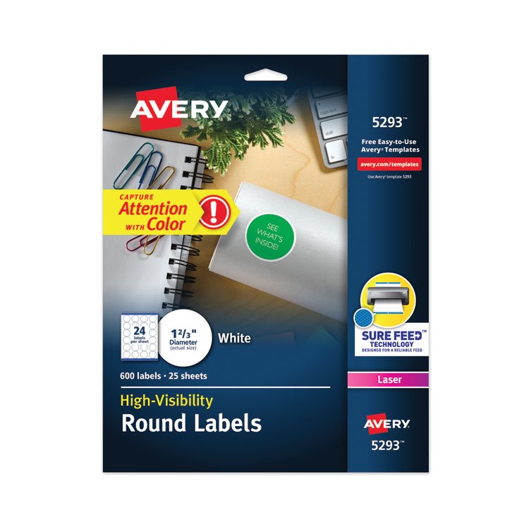 Avery Permanent Laser Print-to-the-Edge ID Labels w/SureFeed, 1.66" dia, White, 600/PK (AVE5293)