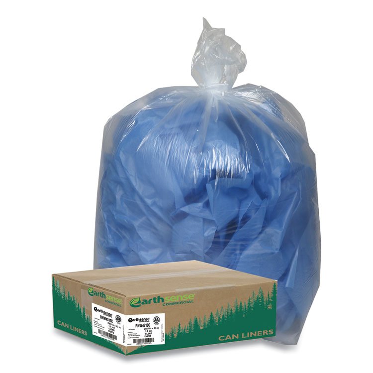 Earthsense Commercial Linear Low Density Clear Recycled Can Liners, 23 gal, 1 mil, 28.5" x 43", Clear, 150/Carton (WBIRNW4310C)