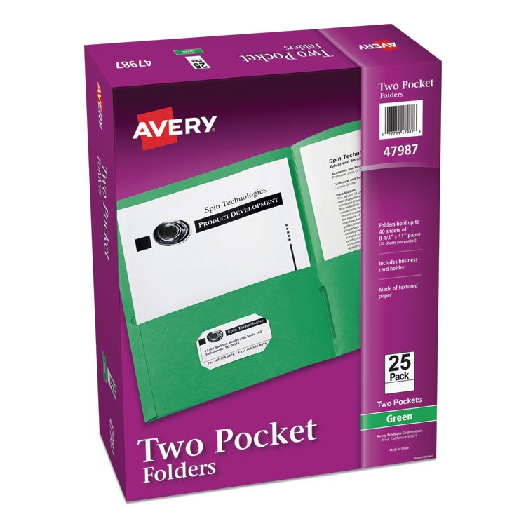 Avery Two-Pocket Folder, 40-Sheet Capacity, 11 x 8.5, Green, 25/Box (AVE47987)