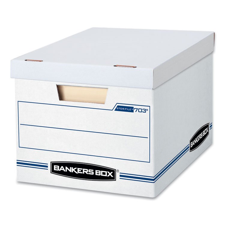 Bankers Box STOR/FILE Basic-Duty Storage Boxes, Letter/Legal Files, 12.5" x 16.25" x 10.5", White/Blue, 4/Carton (FEL0070308)