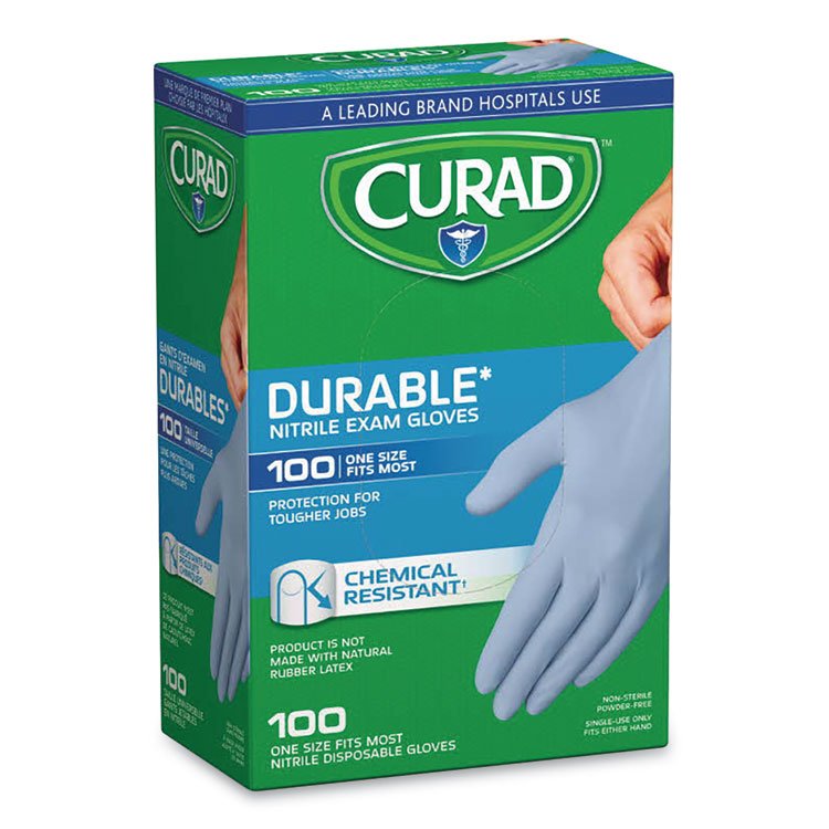 Curad Powder-Free Nitrile Exam Gloves, One Size Fits Most, 3.5 mil Thick, 7.36" Long, Blue, 100/Box (MIICUR4145R)