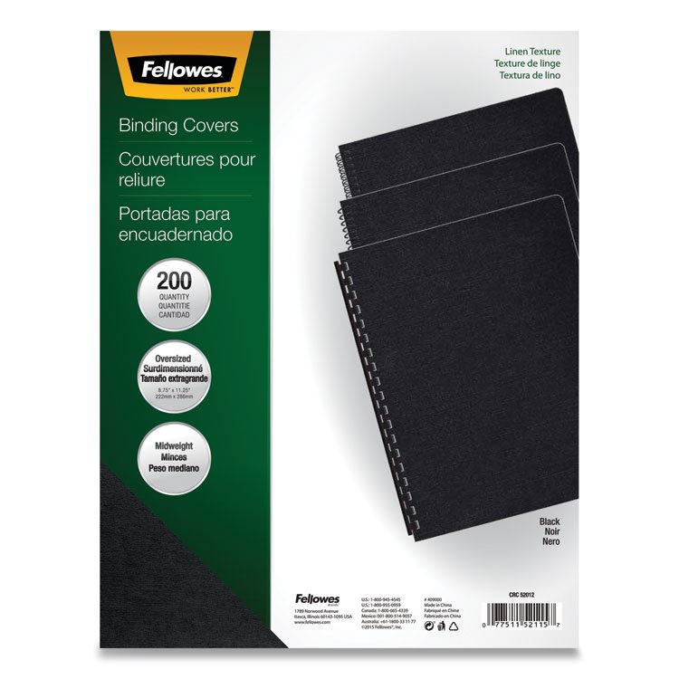 Fellowes Expressions Linen Texture Presentation Covers for Binding Systems, Paper, Round Corners, 11.25 x 8.75, Black, 200/Pack (FEL52115)