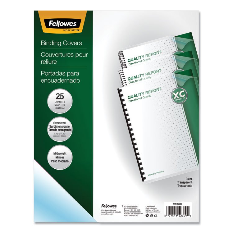 Fellowes Crystals Transparent Presentation Covers for Binding Systems, Plastic, Round Corners, 11.25 x 8.75, Gloss Clear, 25/Pack (FEL52309)