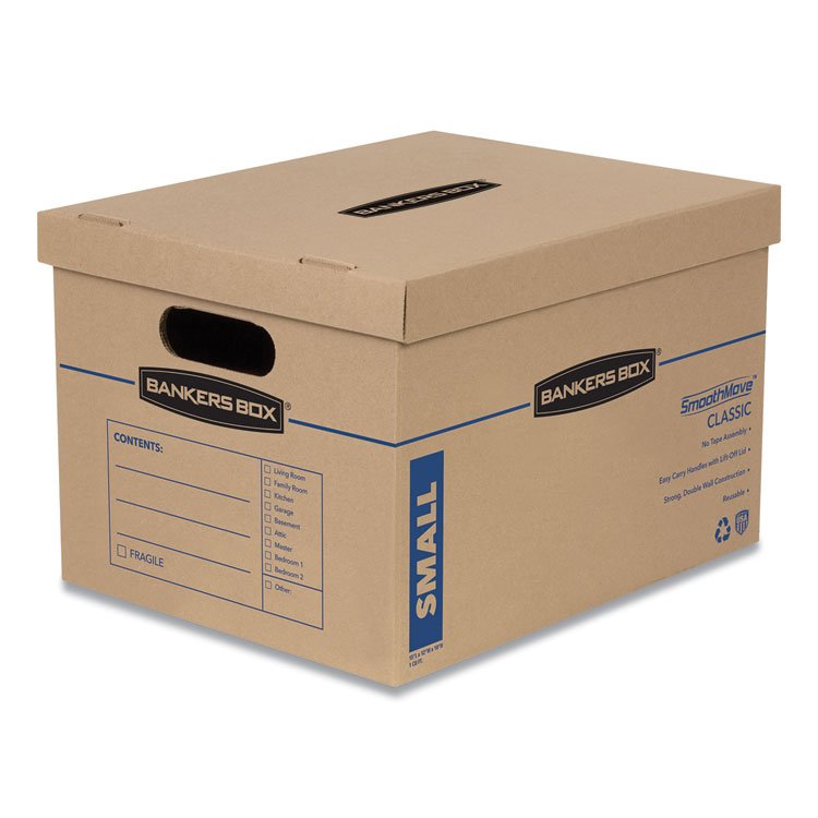 Bankers Box SmoothMove Classic Moving/Storage Boxes, Half Slotted Container (HSC), Small, 12" x 15" x 10", Brown/Blue, 10/Carton (FEL7714203)