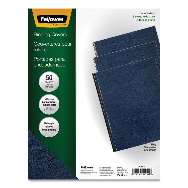 Fellowes Expressions Classic Grain Texture Presentation Covers for Binding Systems, Paper, Square Corners, 11 x 8.5, Navy, 50/Pack (FEL52124)